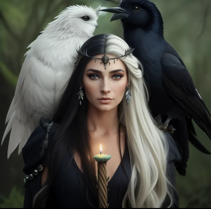 araffe woman with a candle and two birds on her head, pagan goddess, uma bela feiticeira, gothic maiden shaman, beautiful witch female, hecate goddess, feiticeira bonita, com um corvo no ombro, bruxa feminina bonita, como um personagem de fantasia medieval...