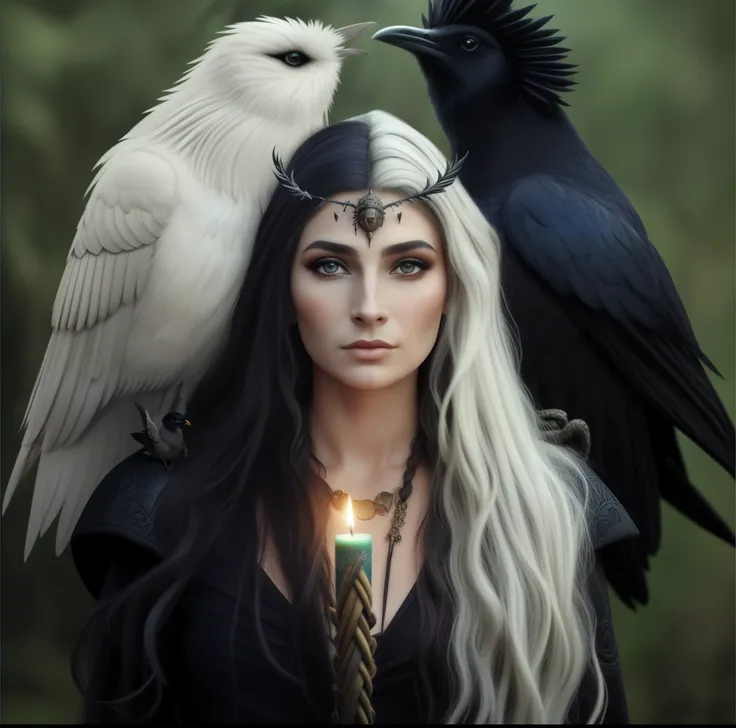 araffe woman with a candle and two birds on her head, pagan goddess, uma bela feiticeira, gothic maiden shaman, beautiful witch female, hecate goddess, feiticeira bonita, com um corvo no ombro, bruxa feminina bonita, como um personagem de fantasia medieval...