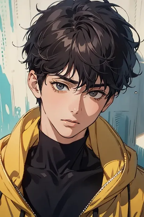 ((best quality)), ((masterpiece)), (detailed), perfect face, 1boy, solo, handsome, yellow hoodie, curly black hair, looking at viewer, portrait, talking to viewer, Fujimoto Style