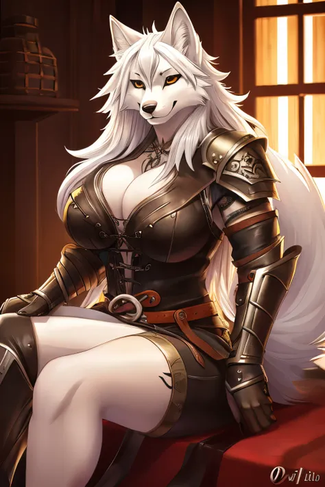 white fox female, relaxed, wolf face, in the fantastic, characterized animals, loish, leather outfit, profil, great tattooing of...