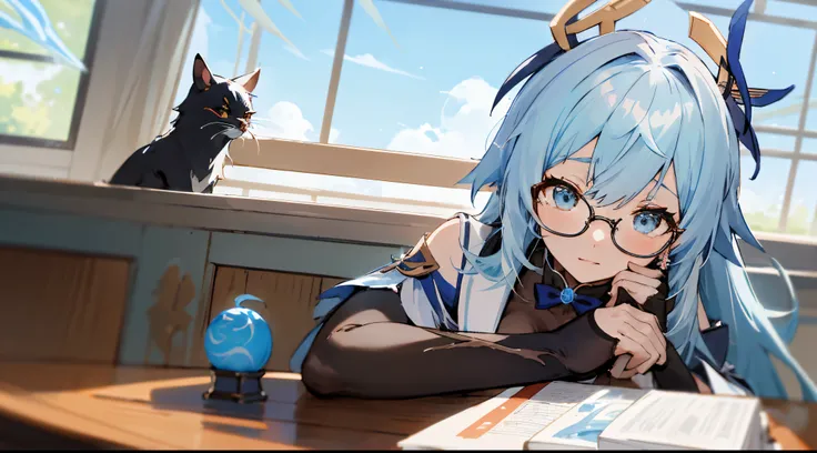 blue hair sitting at table、Anime girl with glasses, Ayaka Genshin impact, the first god, Translucent fluid flowing from the《Azure route》videogame, ayaka game genshin impact, azur lane style, Official artwork, hestia, 8K!, Starting from the night of the ark...