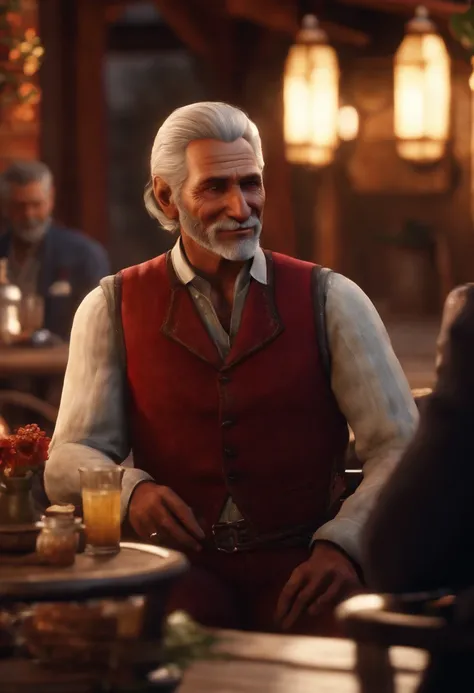 A photo of Hosea sitting at a sidewalk cafe, sipping on a fancy cocktail while chatting with a charming smile.,Red Dead Redemption II, Hosea is a lean, elderly man with neat, silver hair cut short and a clean-shaven face., male