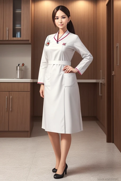 Create a digital illustration of a beautiful, professional nurse. Shes about 1.60 m tall and wears traditional nursing attire with a white smock, clearly emphasizing her profession. Make sure the image is aesthetically pleasing while avoiding any nudity. C...