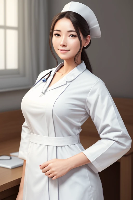 Create a digital illustration of a beautiful, professional nurse. Shes about 1.60 m tall and wears traditional nursing attire with a white smock, clearly emphasizing her profession. Make sure the image is aesthetically pleasing while avoiding any nudity. C...