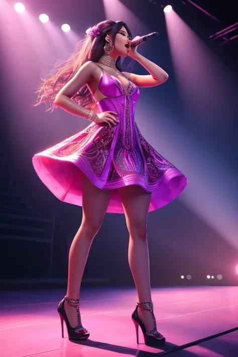 Create a digital illustration of a dazzling singer on stage. Shes about 1.60 m tall and dressed in a captivating outfit for her musical performance. Being an artist, she projects a confident and beautiful presence while wearing an outfit that reflects her ...