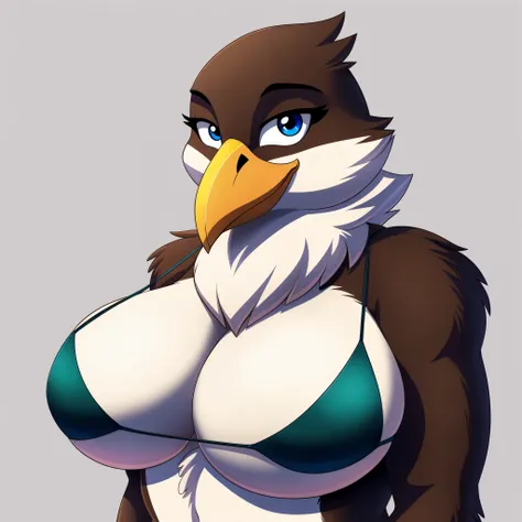 bird, anthro, beak, bust shot, in bikini, big breasts, cartoon, high resolution, hi res, e621, nsfw, cartoon, sticker, detailed fur, detailed eyes, shadows, blank background