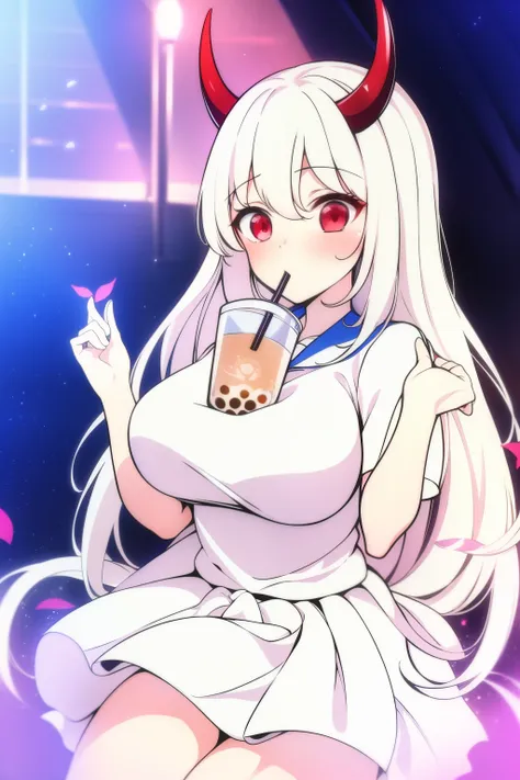 tmasterpiece，best quality，1girl，red eyes，white hair,white skirt ,blue dress，horn，tail,hands-free_bubble_tea_challenge,bubble_tea...