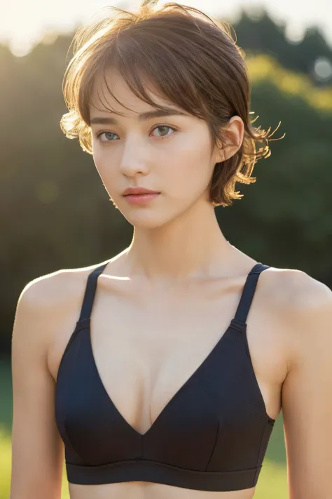 ((top-quality、8K、​masterpiece: 1.3))、Perfect Body Beauty: 1.4、Slender Abs: 1.2、Beautiful woman with slender abs:1.3、(Highlight Haircuts、Breast B Cup:1.2), medium breast, round shape breast, perfect shape breast, ((( wear sport bra))), pubic hair,hight pubi...