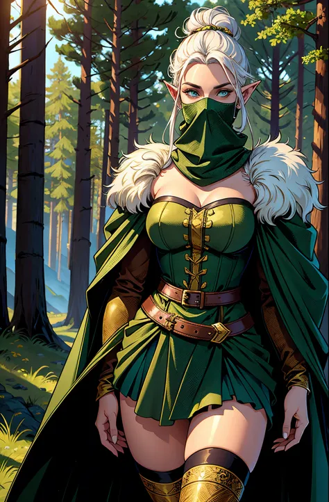 (best quality,4k,8k,highres,masterpiece:1.2),ultra-detailed,realistic:1.37,Wood elf scout woman, white hair pulled into large neat bun on top of head, dark green long cloak, big fur collar, black leggings, wrapped bodice, green eyes flecked with yellow, gr...