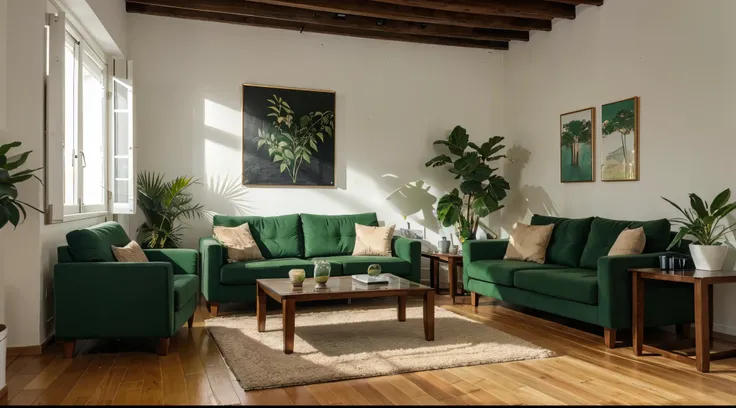 welcoming living room，sofe，tea table，Flooring，paintings in the walls，green plant