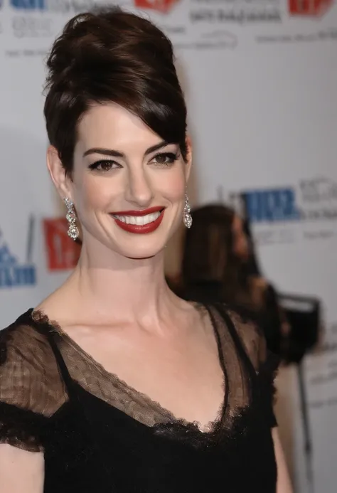 A photo of Anne Hathaway learning the art of sushi-making,original,She stands approximately 58" tall and has a slim physique. She is known for her large, expressive brown eyes and a radiant smile featuring prominent, well-aligned teeth.

Hathaway has a fai...