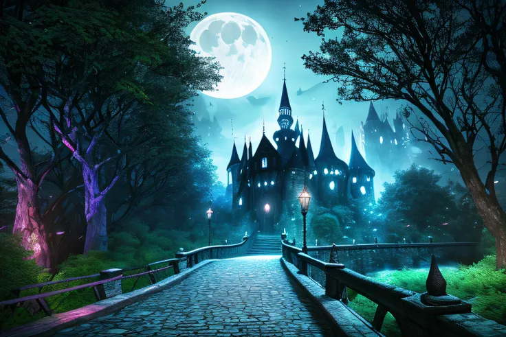 Path through the edge of a beautiful forest to the old gothic vampire castle on moonlit night, a bridge over a river and a medieval village, laberinto alrededor, dark fantasy style, particuls, lineas, viento, Arte conceptual, foco nítido, vivid colors