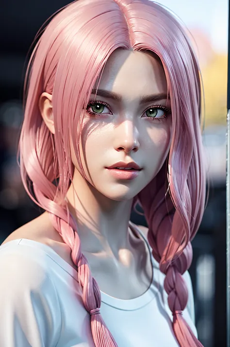 a close-up of a woman with pink hair and a white shirt, pink wispy hair, Kunstwerk im Stil von Guweiz, flowing pink hair, inspiriert von Yanjun Cheng, kawaii realistic portrait, photorealistic anime girl render, 3-D-Anime realistisch, Anime-Realismus-Stil,...