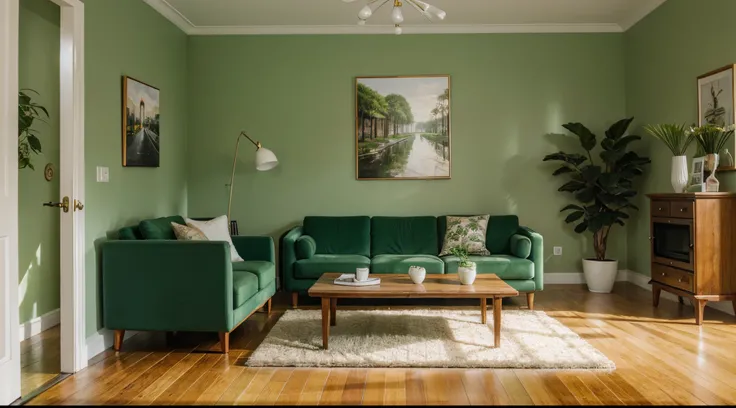 welcoming living room，sofe，tea table，Flooring，paintings in the walls，green plant