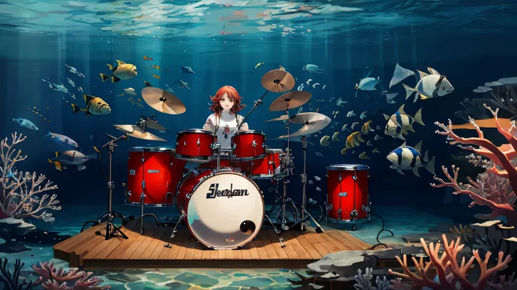 Create an image of a drum set, 2 electric guitars, electric bass, and a microphone under the ocean in a coral reef with a lot of fish