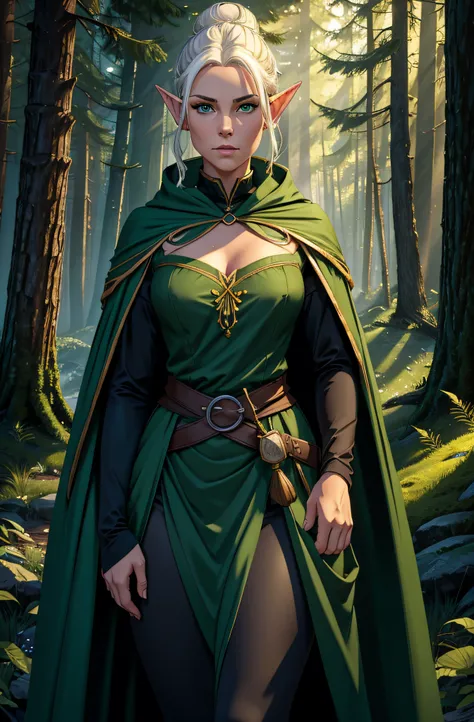 (best quality,4k,8k,highres,masterpiece:1.2),ultra-detailed,realistic:1.37,Wood elf scout woman, white hair pulled into large neat tight bun on top of head, dark green long cloak, big fur collar, black leggings, wrapped bodice, green eyes flecked with yell...