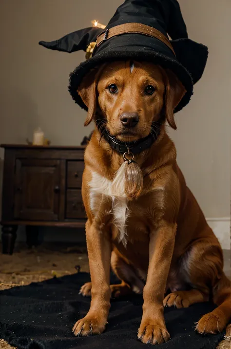 caramel street dog with witch hat on the beach with full moon and candles