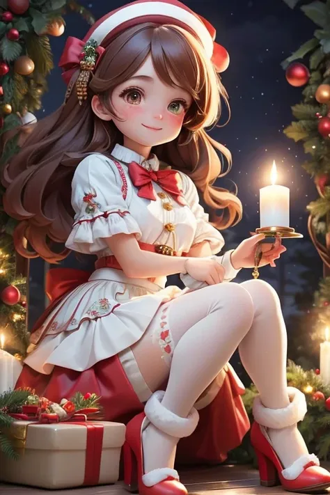 masterpiece, best quality, a girl smiling sitting on the floor, christmas (crop shirt), christmas skirt, white tights, red lolita pumps, holding a steampunk candle, magical garden at night, blue sparkles floating