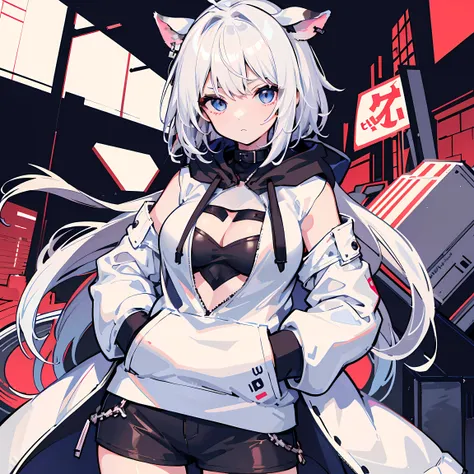 1 busty girl, In the breasts,Stitched face, patchwork of skin, close your mouth, long_the hair, face expressionless,城市,the street, White hair, ,sutured_the face,patchwork_skin,cow boy shooting,( hoody),(hands in a pocket),Open white coat，inside -, She wear...