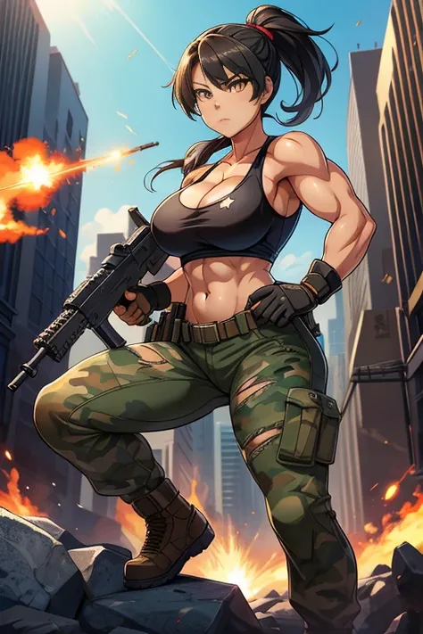 Full body, hq artwork, 24 year old, Filipino Woman, amber eyes, tan skin, short black hair, wearing marine corps uniform, athletic physique, strong muscles, military girl, soldier girl, infantry girl, camouflage uniform, torn tank top, belly button, gloves...