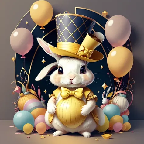 (cute baby rabbit with a yellow top hat and ballons), Munchkin ,Geometric multidimensional wall portrait, livro de arte, Tchibi,
Yang08k, Beautiful, Colouring,
Obras, of the highest quality, best quality, Arte Oficial, Beautiful and Aesthetic,