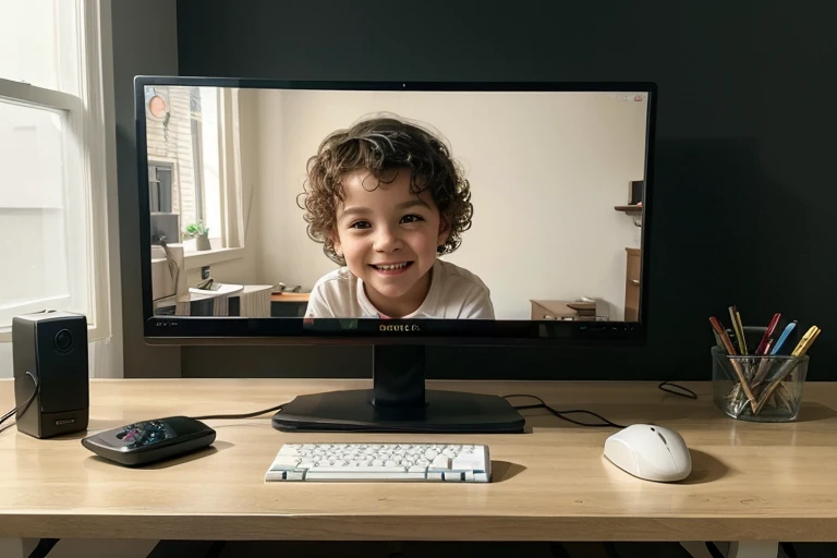 (best quality,4k,highres,masterpiece:1.2),ultra-detailed,realistic,adorable little boy,smart face,expressive eyes,joyful expression,happy smile,curly hair,concentrated and focused,using a state-of-the-art computer,lively atmosphere,playful interaction with...