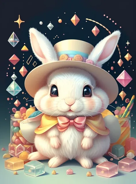 (cute baby rabbit with a hat and lots of candies), Munchkin ,Geometric multidimensional wall portrait, livro de arte, Tchibi,
Yang08k, Beautiful, Colouring,
Obras, of the highest quality, best quality, Arte Oficial, Beautiful and Aesthetic,