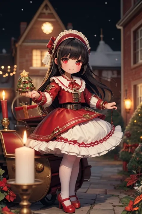 masterpiece, best quality, a girl smiling slouching on steampunk sleigh, (black hair), christmas (crop shirt), christmas skirt, white tights, (((red lolita pumps))), holding a steampunk candle, magical garden at night, magic sparkles floating,