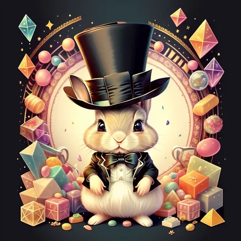 (cute baby rabbit with a top hat and lots of candies), Munchkin ,Geometric multidimensional wall portrait, livro de arte, Tchibi,
Yang08k, Beautiful, Colouring,
Obras, of the highest quality, best quality, Arte Oficial, Beautiful and Aesthetic,