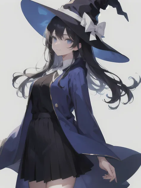 (Young woman), (blue robes, black skirt, witch hat), (dark blue eyes), light skin, (black hair, straight hair, long hair, hair ribbon, short white ribbon), (medium breasts), smiling, arms at sides