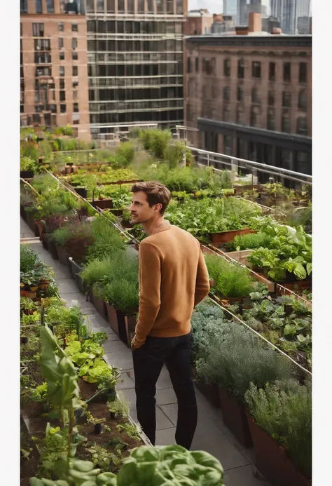 A photo of Spiegel, man, exploring a sustainable urban rooftop garden,original,Evan Spiegel, white male, short brown hair, cleft chin, male