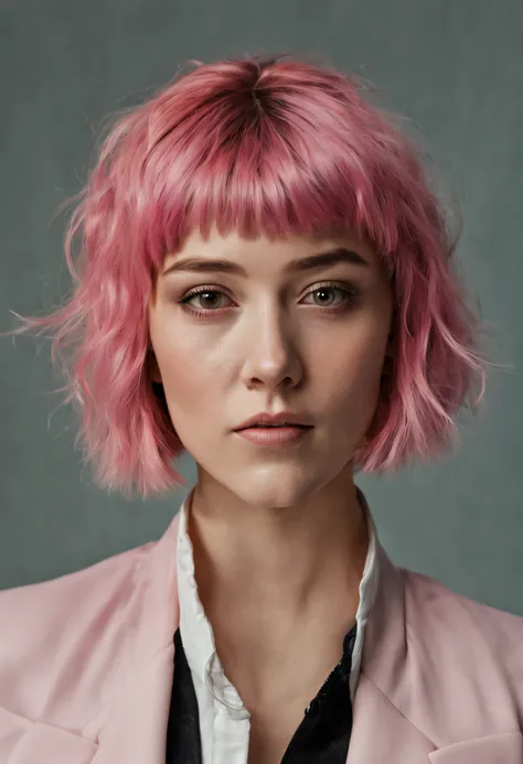 medium shot Photo portrait of (18 y.o. girl), (Mary Elizabeth Winstead) face, (two-tone hair:1.5), style by Flora Borsi, bold, bright colours, pink haircut, ((Flora Borsi)), (languid look:1.4), jacket, (soft lighting, high detailed skin:1.1),photorealistic