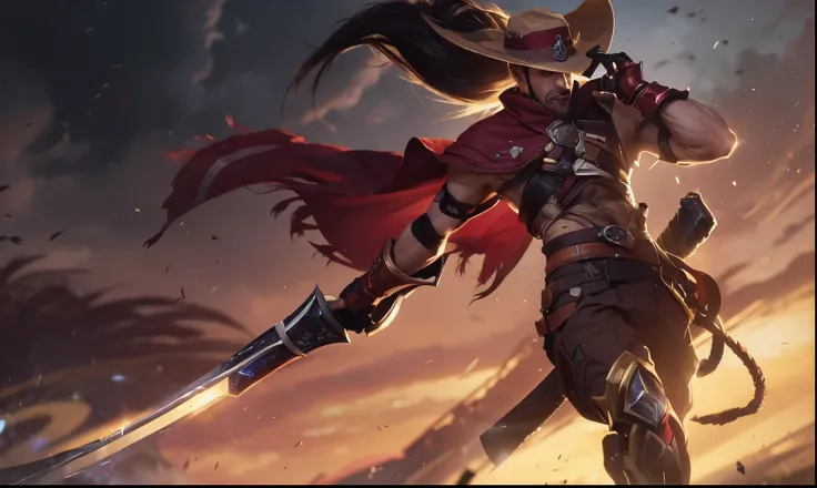 a man with a sword and a hat，Close-up of League of Legends hero Yasuo, League of Legends character, from league of legends, League of Legends character art, style of league of legends, league of legends style art, Sacco in League of Legends, League of Lege...