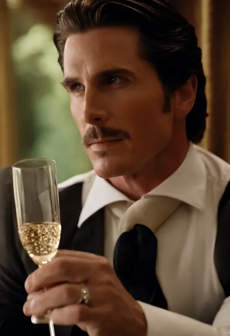 A glass of rare, vintage champagne being poured into a crystal flute,original,tall, muscular, well groomed with short stylish hair. always wearing designer business suits. looks like christian bale, male