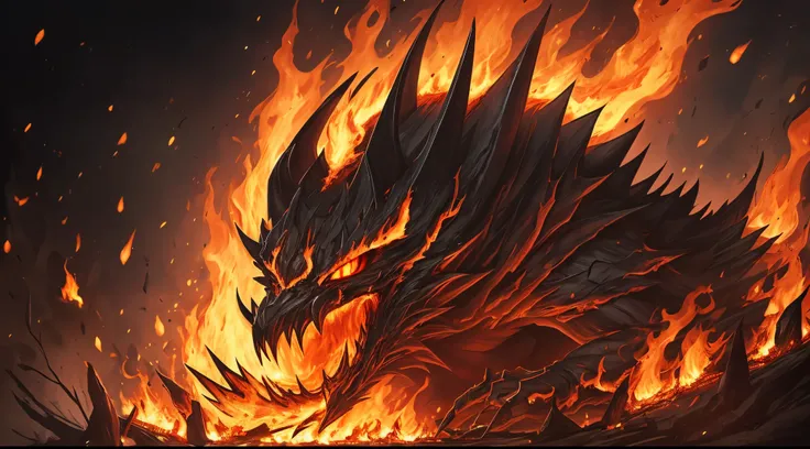 A black, tattered demon with glowing, empty eyes, curved claws and a distorted, greedy grin. Its skin, marked by fire, looks as if it is constantly on fire. --auto --s2