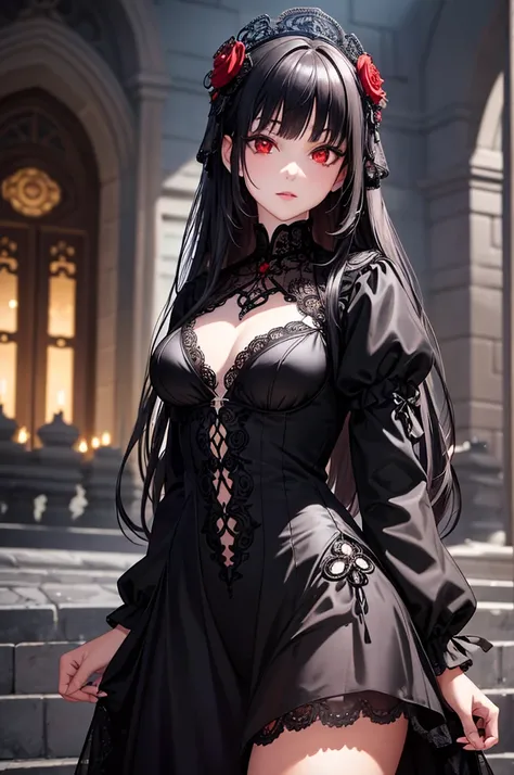 masterpiece, best quality, ultra detailed, extremely detailed, beautiful detailed glow, ultra high res, very high res, beautiful ,best aesthetic, 8k, 2d anime, adult woman, black long straight hair, see-through bang, red eyes, detailed red eyes, Chiseled F...