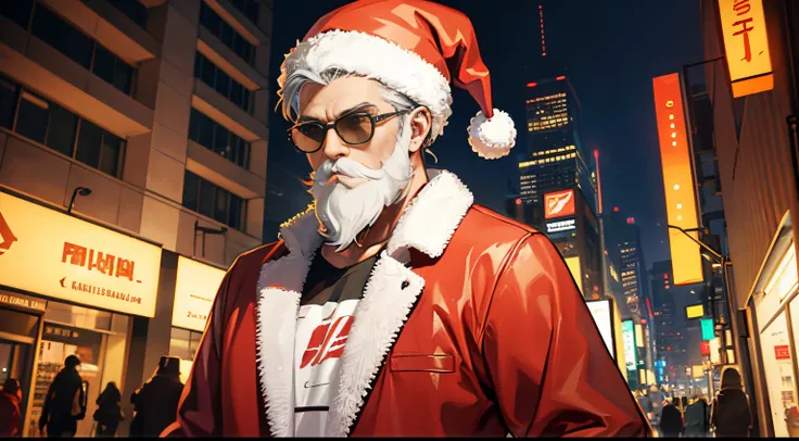 santa claus, Estilo cyberpunk, Futuristic city, Cyborg Santa Claus, ropa naranja