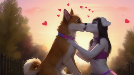 2 mature female dogs sharing an intense and messy kiss, by pino daeni, by reallynxgirl, by chunie, by foxovh, hi res, absurd res, 8k, masterpiece, floating hearts, (fuzzy butt:1.4), (fur:1.4), wide shot, silhouette, best quality, butt focus, hindquarters, ...