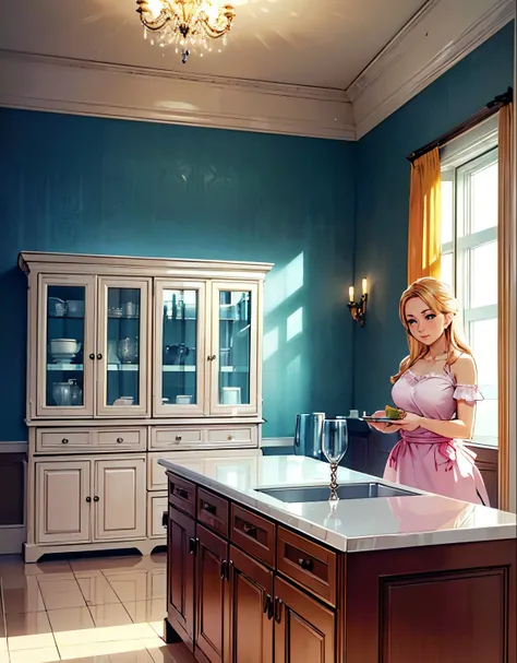 (robot housewife),(display case),(pink dress),(blonde hair),(blue eyes),(plastic skin),(best quality,4k,8k,highres,masterpiece:1.2),ultra-detailed,(realistic,photorealistic,photo-realistic:1.37),portraits,(vibrant colors,colorful:1.1),(soft lighting),(silv...