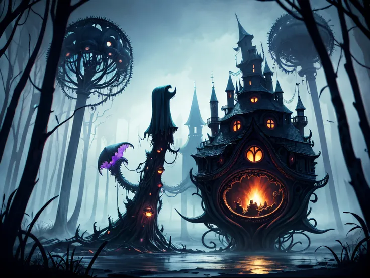 Create a whimsical Lovecraftian world where the horror takes on a fantastical and mysterious quality. Picture eldritch creatures with a touch of whimsy, cosmic horrors rendered in a playful manner, and a cityscape that balances darkness with enchantment. T...