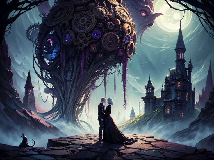 Create a whimsical Lovecraftian world where the horror takes on a fantastical and mysterious quality. Picture eldritch creatures with a touch of whimsy, cosmic horrors rendered in a playful manner, and a cityscape that balances darkness with enchantment. T...