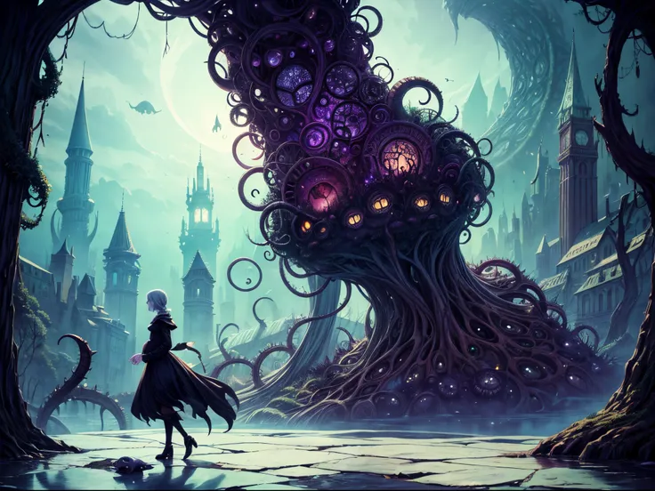 Create a whimsical Lovecraftian world where the horror takes on a fantastical and mysterious quality. Picture eldritch creatures with a touch of whimsy, cosmic horrors rendered in a playful manner, and a cityscape that balances darkness with enchantment. T...