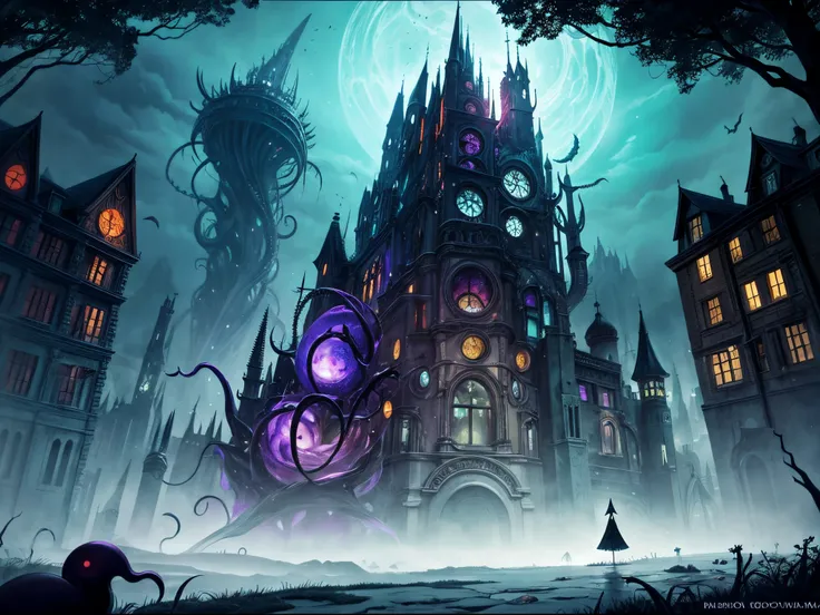 Create a whimsical Lovecraftian world where the horror takes on a fantastical and mysterious quality. Picture eldritch creatures with a touch of whimsy, cosmic horrors rendered in a playful manner, and a cityscape that balances darkness with enchantment. T...