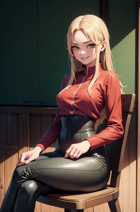 1girl, solo, 16 years old, loose blond hair, wearing velvet red leggings and green sweather, sitting on a chair in classroom, crossing legs, smiling embarassed, side view, bare forehead, hooked nose, puffy cheeks, small breast, alluring, flirty, confident,...