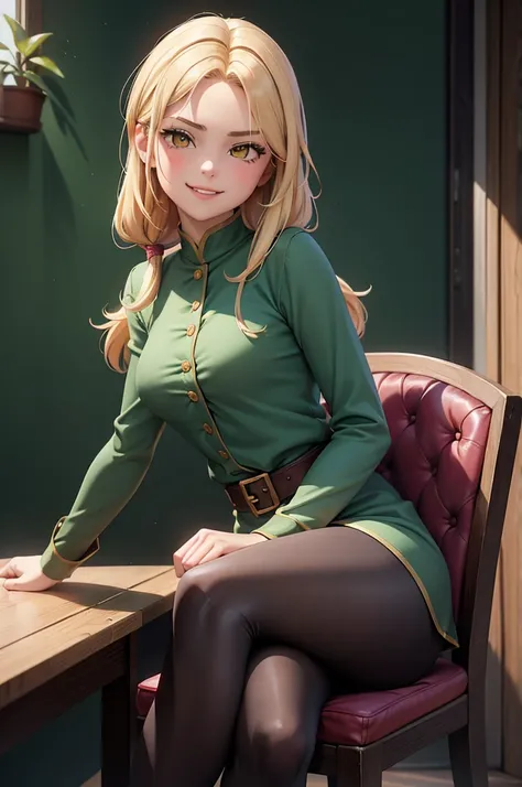 1girl, solo, 16 years old, loose blond hair, wearing velvet red leggings and green sweather, sitting on a chair in classroom, crossing legs, smiling embarassed, side view, bare forehead, hooked nose, puffy cheeks, small breast, alluring, flirty, confident,...