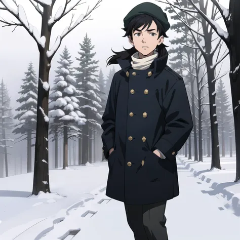 ((Wide Shot)) Casual winter clothes. Chiaroscuro. (Sketch) (Manga style) Christmas, a young boy with a long mullet haircut, big lips, and slanted eyes, wearing a hat. Winter season, snow and pine trees on the streets