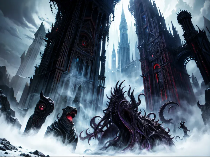 Transform the Lovecraftian horror scene into a fantasy realm, where Leonardo AI powers a dark and eldritch kingdom. Picture haunting landscapes, mythical creatures influenced by Lovecraftian horror, and a cityscape that merges the eerie with the fantastica...