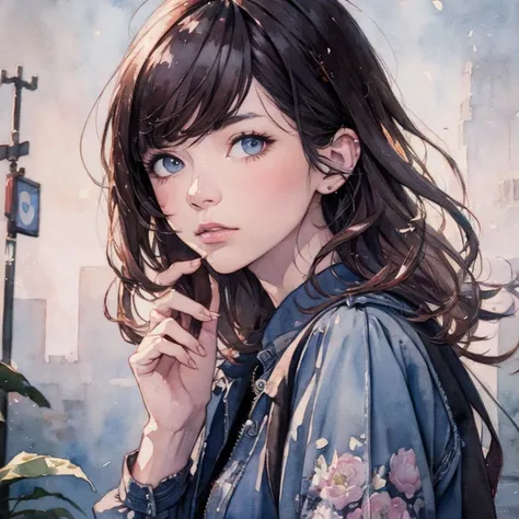 watercolor, best quality, masterpiece, ultra high res, photo realistic, 1 female, madeon