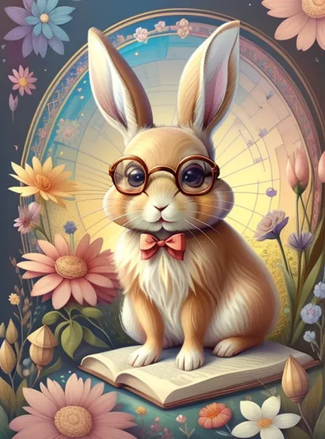 (cute brown baby rabbit with glasses and flowers), Munchkin ,Geometric multidimensional wall portrait, livro de arte, Tchibi,
Yang08k, Beautiful, Colouring,
Obras, of the highest quality, best quality, Arte Oficial, Beautiful and Aesthetic,