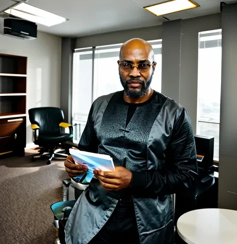 postmodern futurist style lounge office room photograph interior,a middle aged African man, in a transparent spectacle,bald head with full beards with little grey